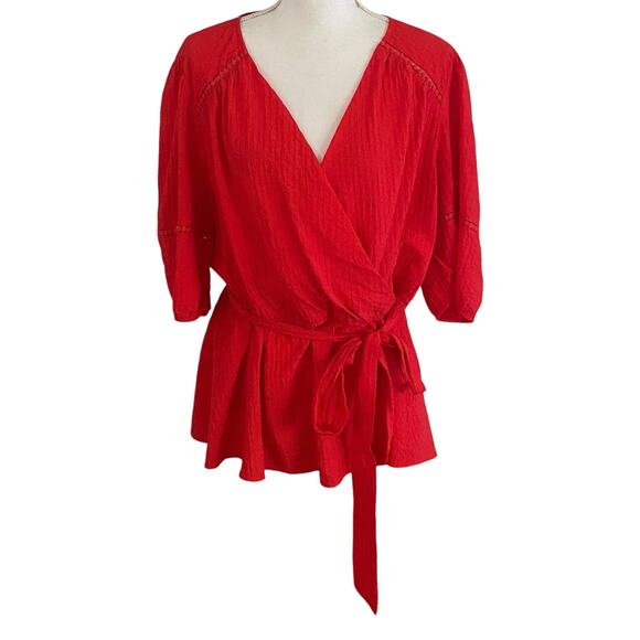 Lane Bryant Plus Size 18 Textured Crossover Belted Blouse Top Flame Scarlet - Picture 2 of 6